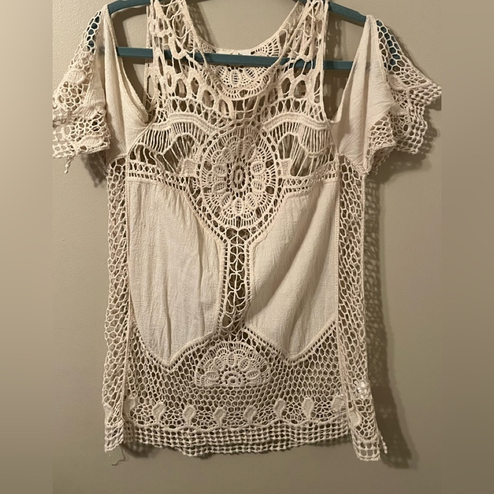 Taylor & Sage Cream Crochet Overlay Cold-Shoulder Top